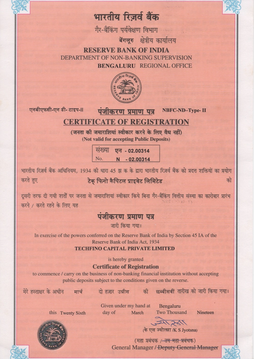 Reserve Bank of India Certificate of Registration No. N-02.00314 granted to Techfino Capital Private Limited